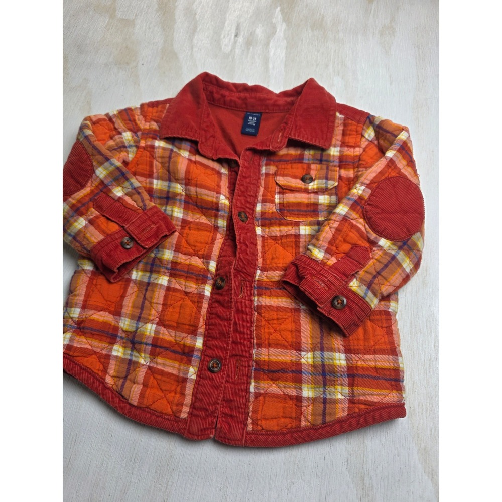 Old Navy Orange Plaid Quilted Flannel Shirt Jacket Corduroy Trim Kids 18-24M